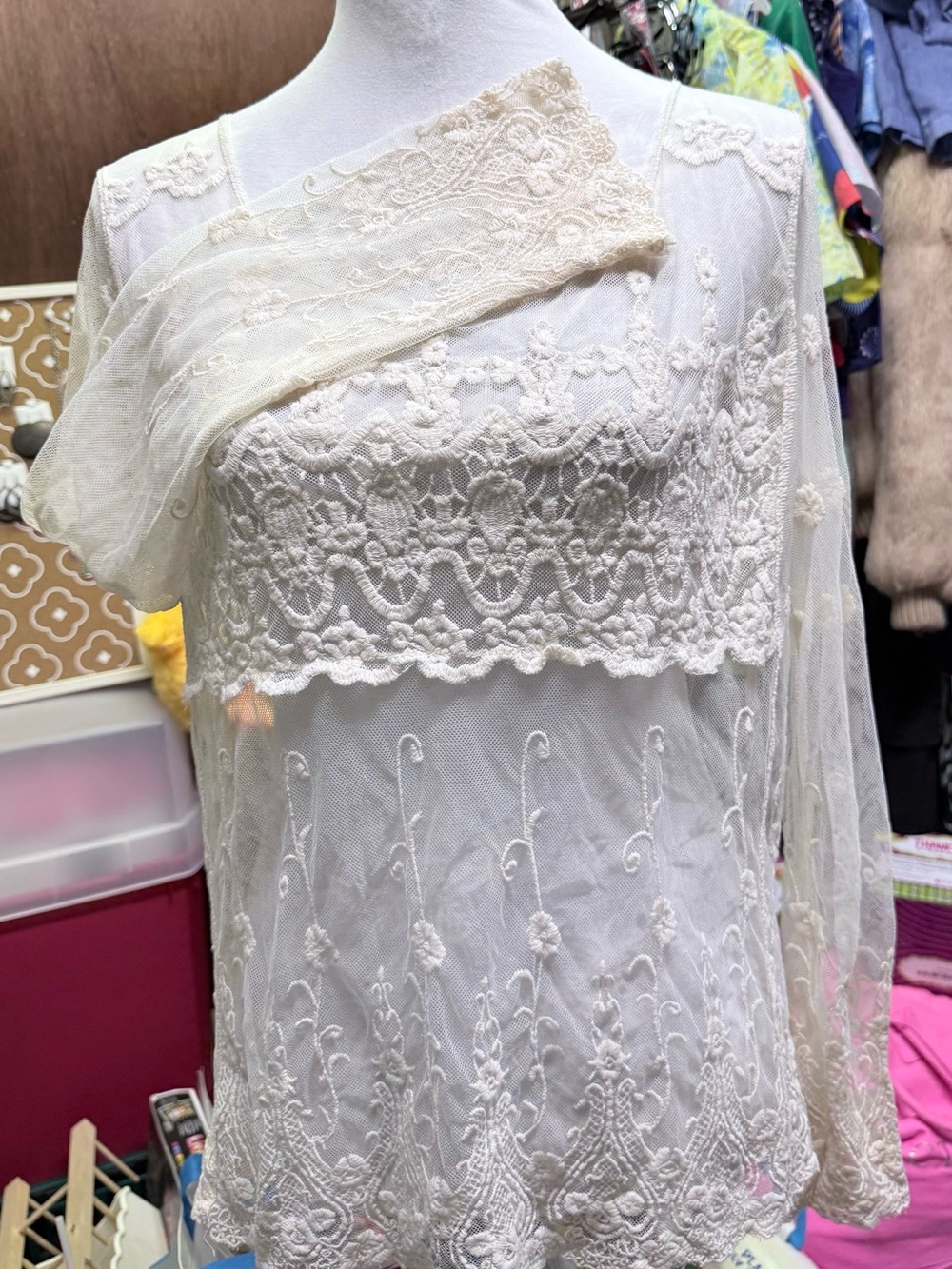 Soho Girls Cream Embroidered Mesh Top